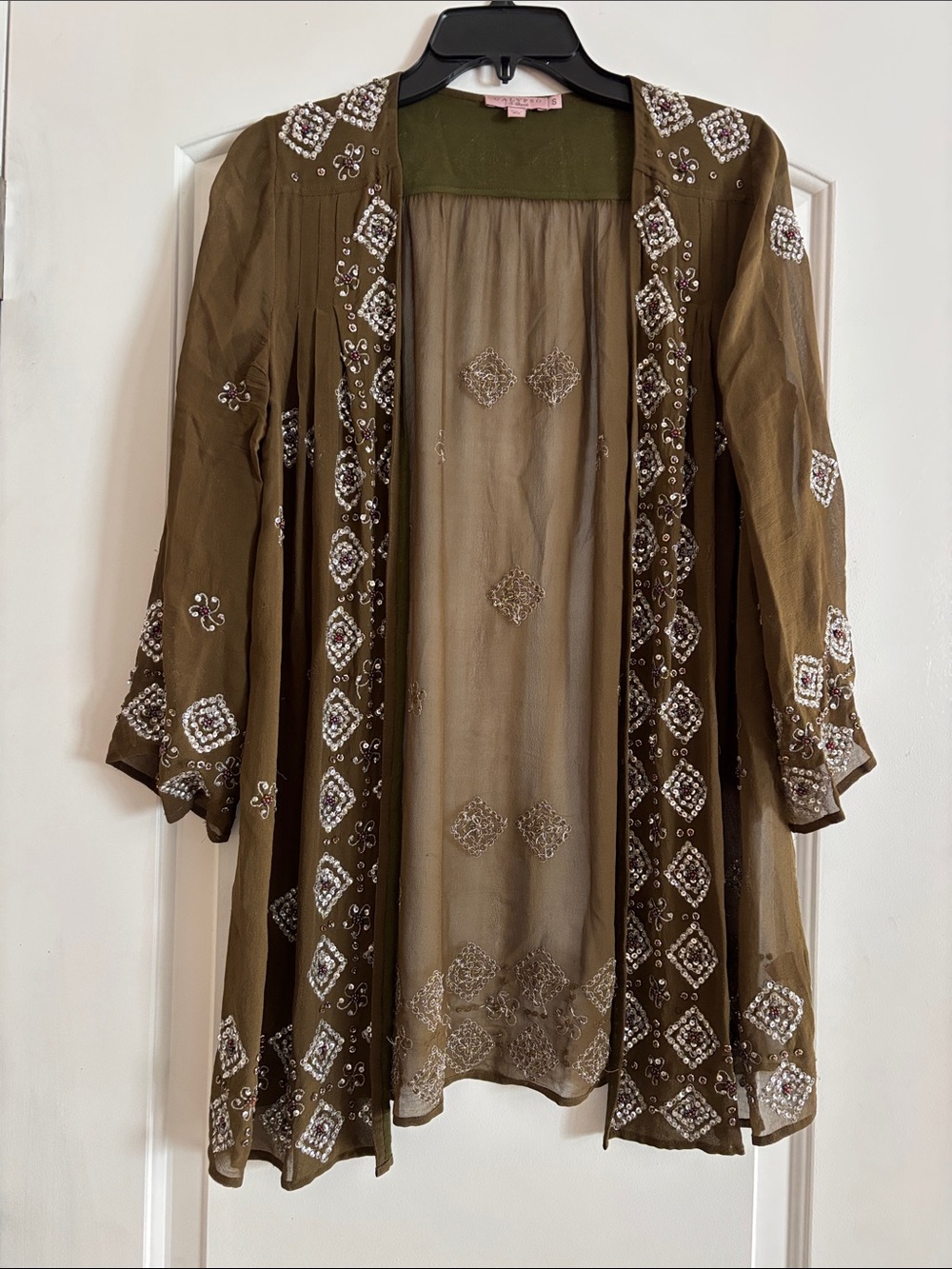 Calypso St. Barth Olive and Tan Textured Jeweled Silk Open Cardigan Small